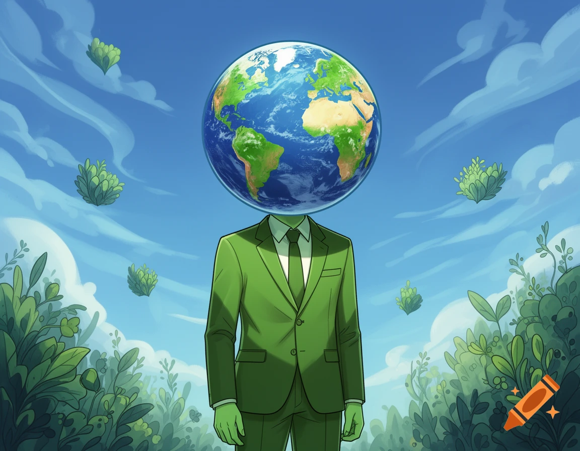 Cartoon person with an Earth for a head, wearing a green suit, surrounded by green foliage and floating bushes under a blue sky.