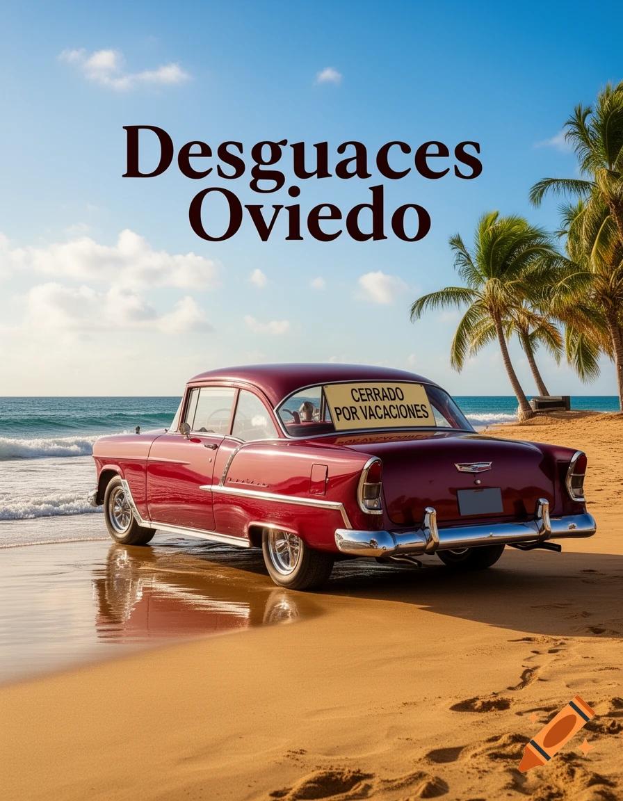 A classic red car parked on a sandy beach next to the ocean with palm trees under a blue sky. Text reads 'Desguaces Oviedo' and 'Cerrado por Vacaciones'.
