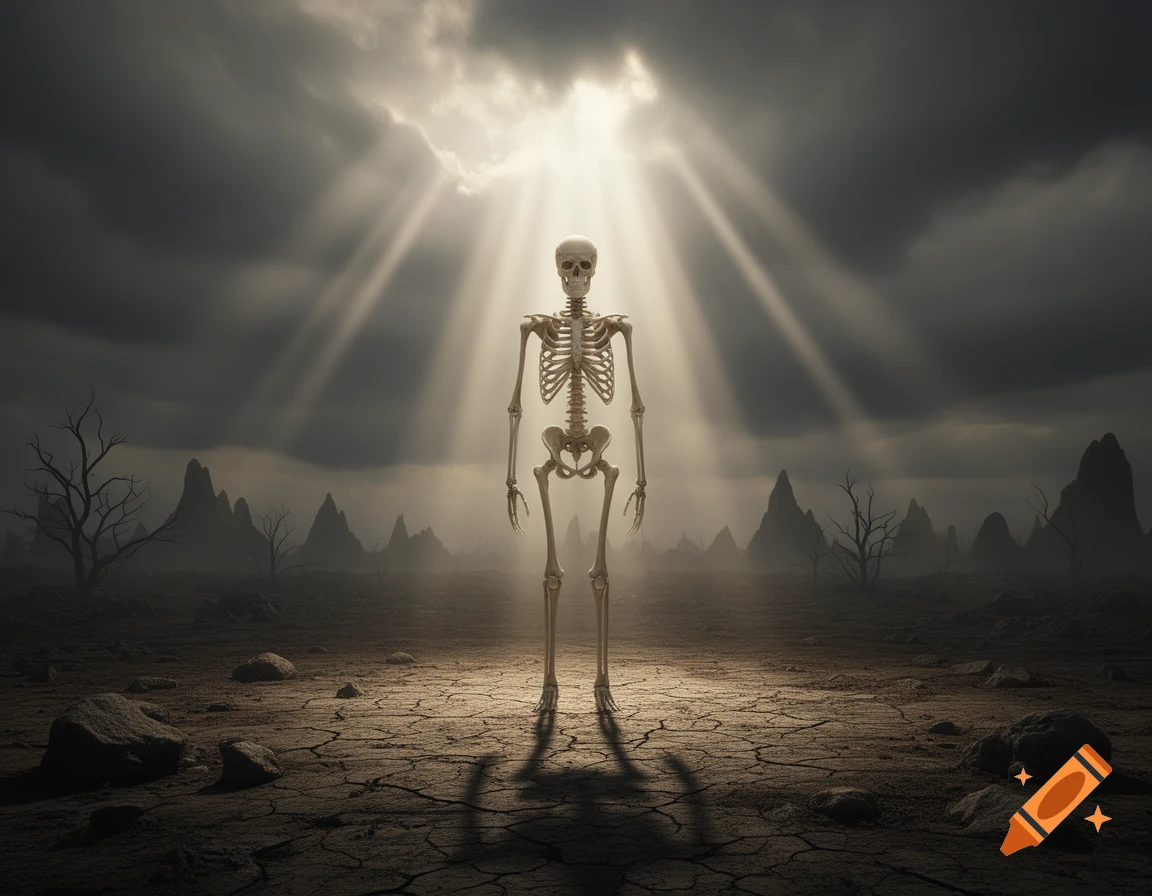 A skeleton stands on cracked earth, illuminated by bright sun rays breaking through dark, cloudy skies over a desolate landscape.