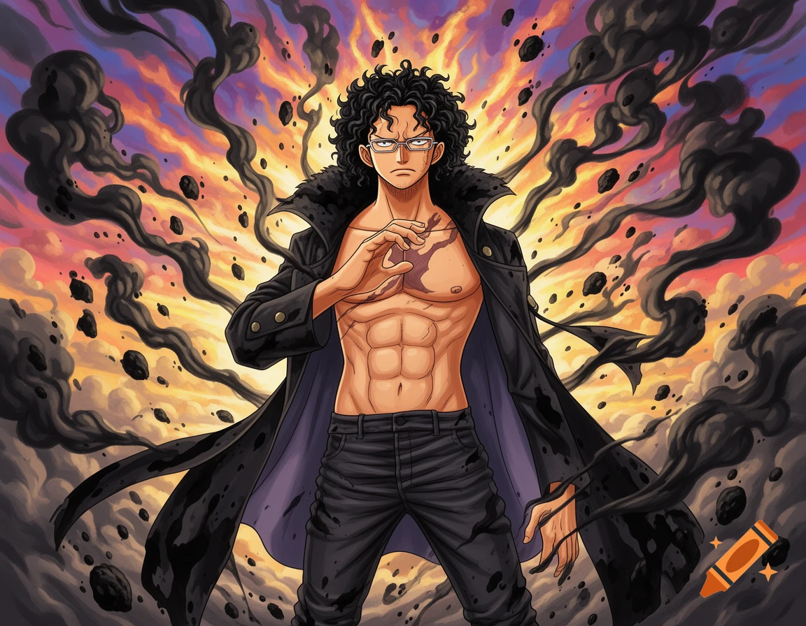 Anime character with curly dark hair, glasses, shirtless with abs, in a long coat, channeling dark smoke against a fiery sky.