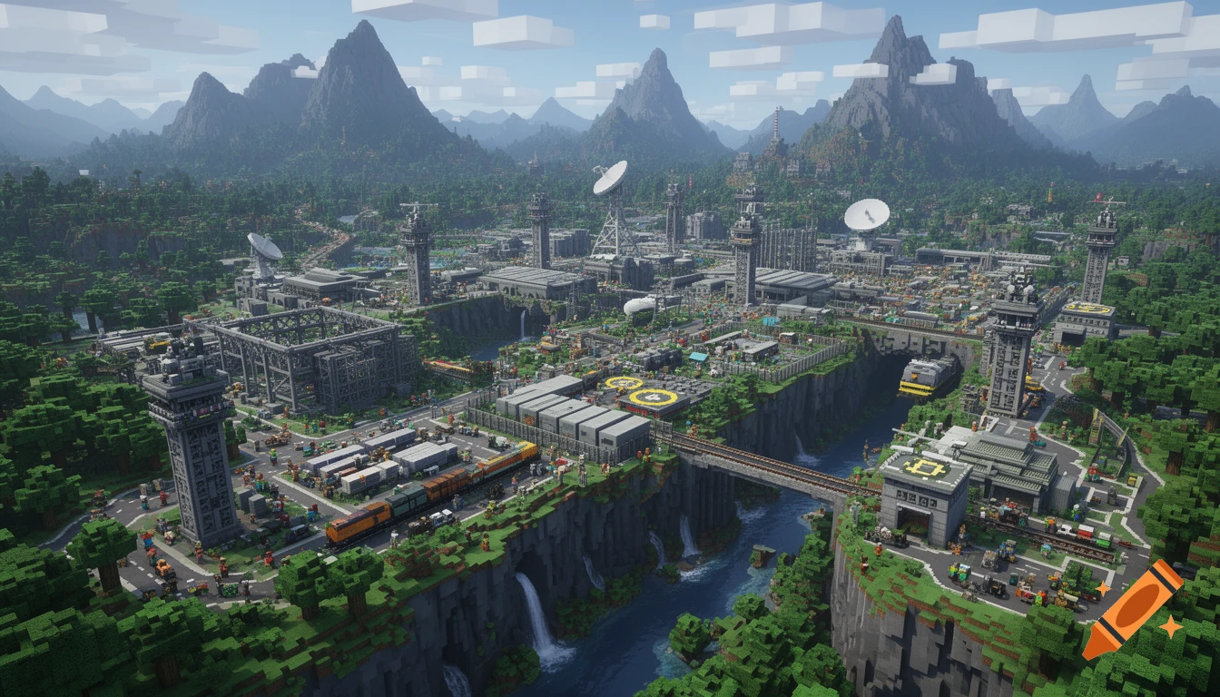 An ultra-detailed Minecraft-style aerial view of a massive secret facility in a valley, with mountains, forests, radar dishes, and a river with waterfalls.
