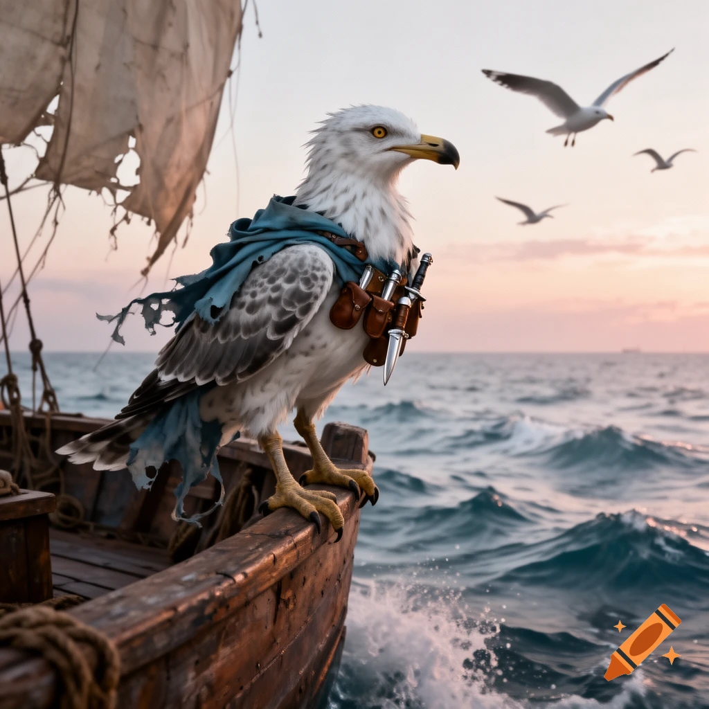 A fantasy rogue seagull wearing a blue cloak and daggers stands on a wooden boat, gazing at the ocean during sunset, with other seagulls flying.