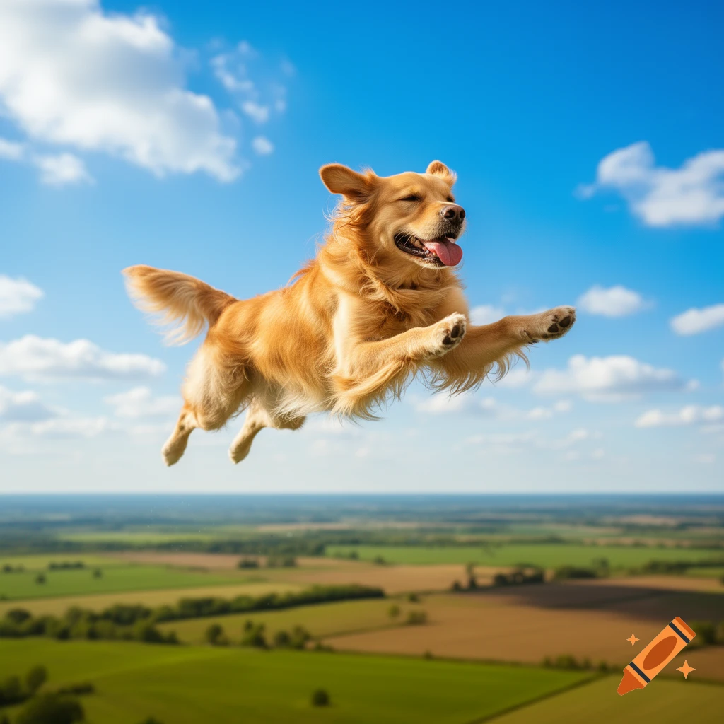 A photorealistic Golden Retriever dog happily flying through a bright blue sky over green fields.