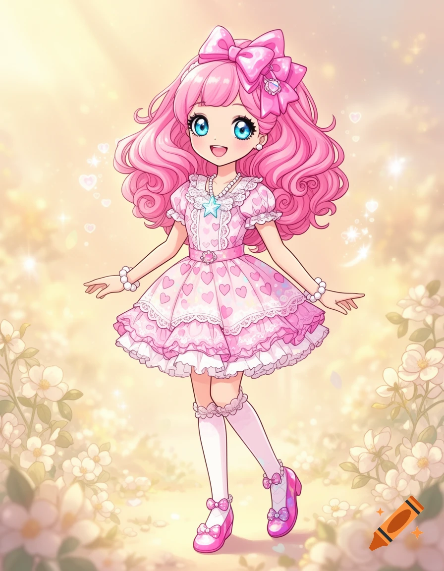 A full-body anime illustration of a cute girl with voluminous pink hair and blue eyes, wearing a frilly pink dress adorned with hearts, white socks, and pink bow shoes, standing amidst soft white flowers and sparkling light.