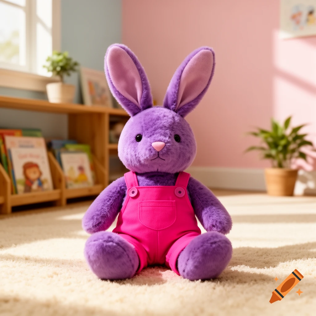 A purple plush bunny wearing pink overalls sits on a light-colored carpet in a brightly lit children's room.