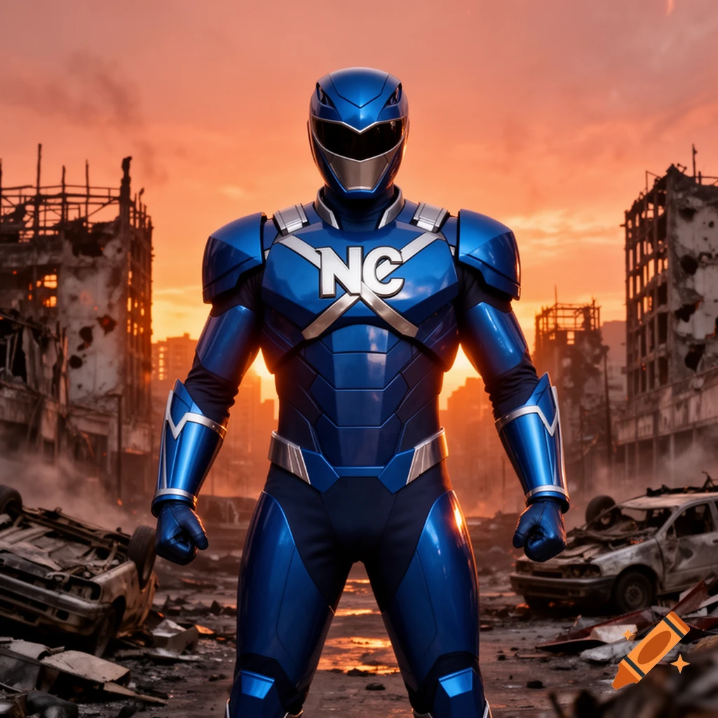 A blue Power Ranger-like superhero with an 'NC' symbol on his chest stands in a destroyed city at sunset.