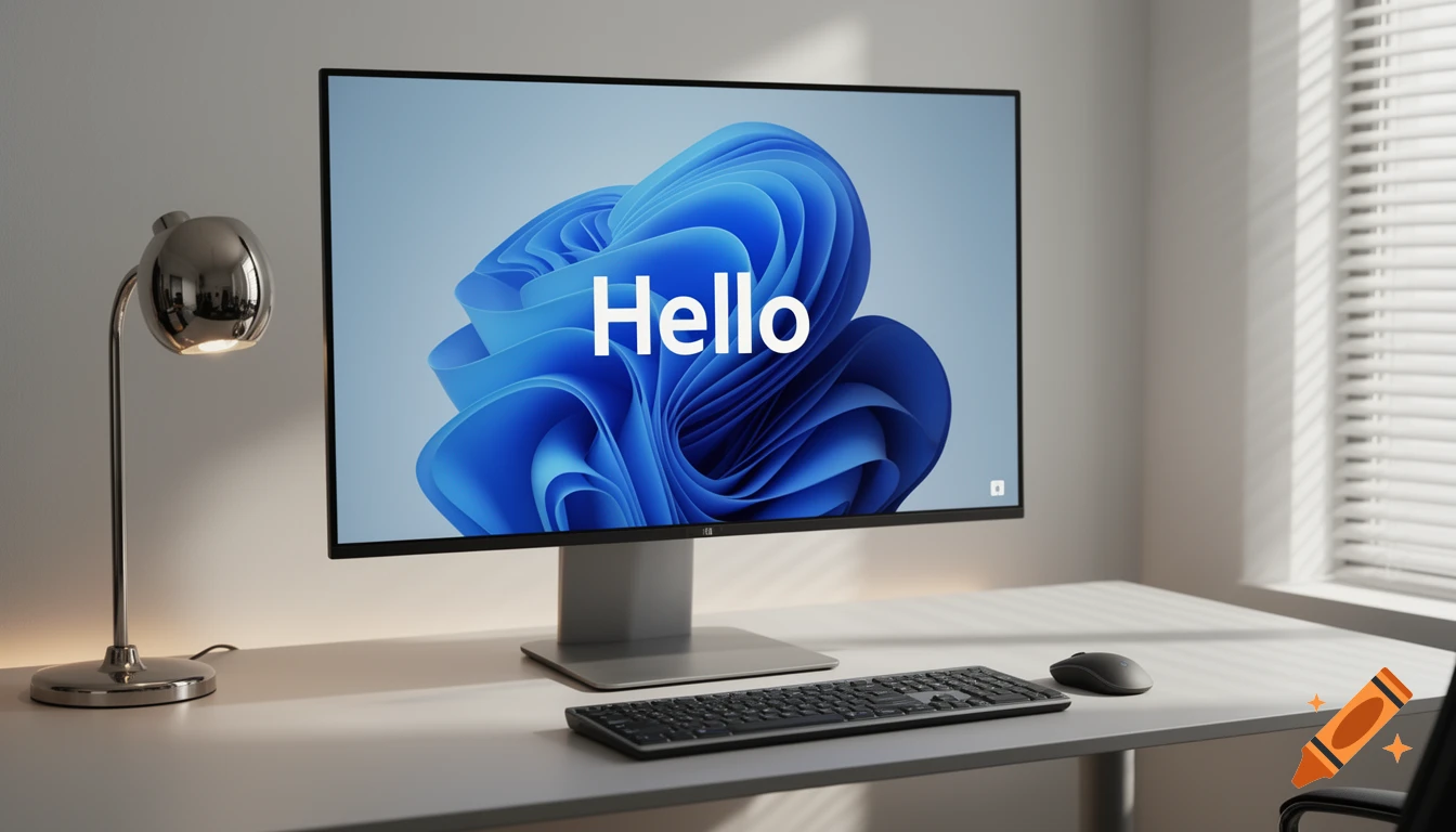 A computer monitor displays 'Hello' on a blue Windows 11 wallpaper, with a keyboard, mouse, and desk lamp on a white desk.