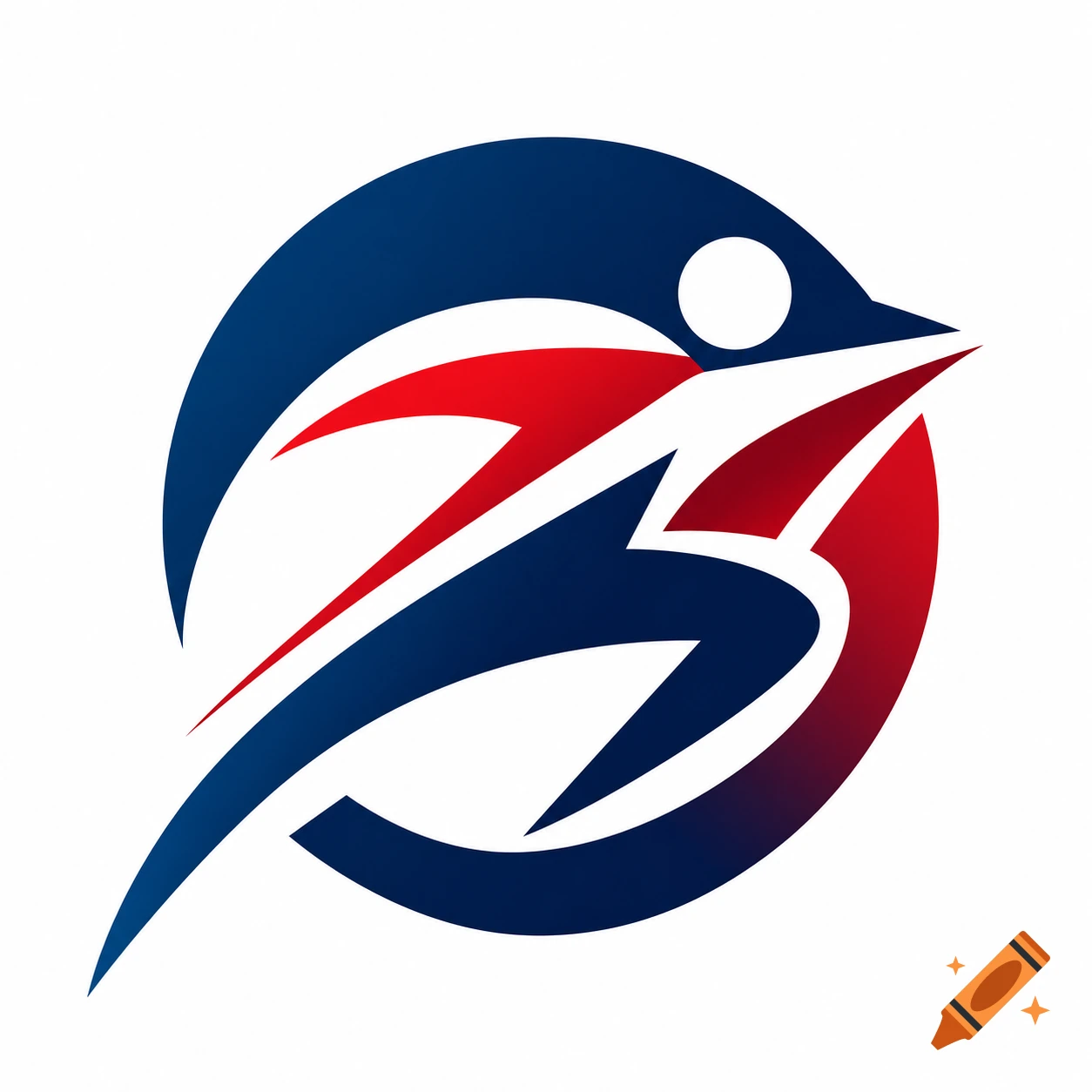 A modern, abstract logo featuring a dynamic blue and red design with a white circle, resembling a figure in motion within a circle.