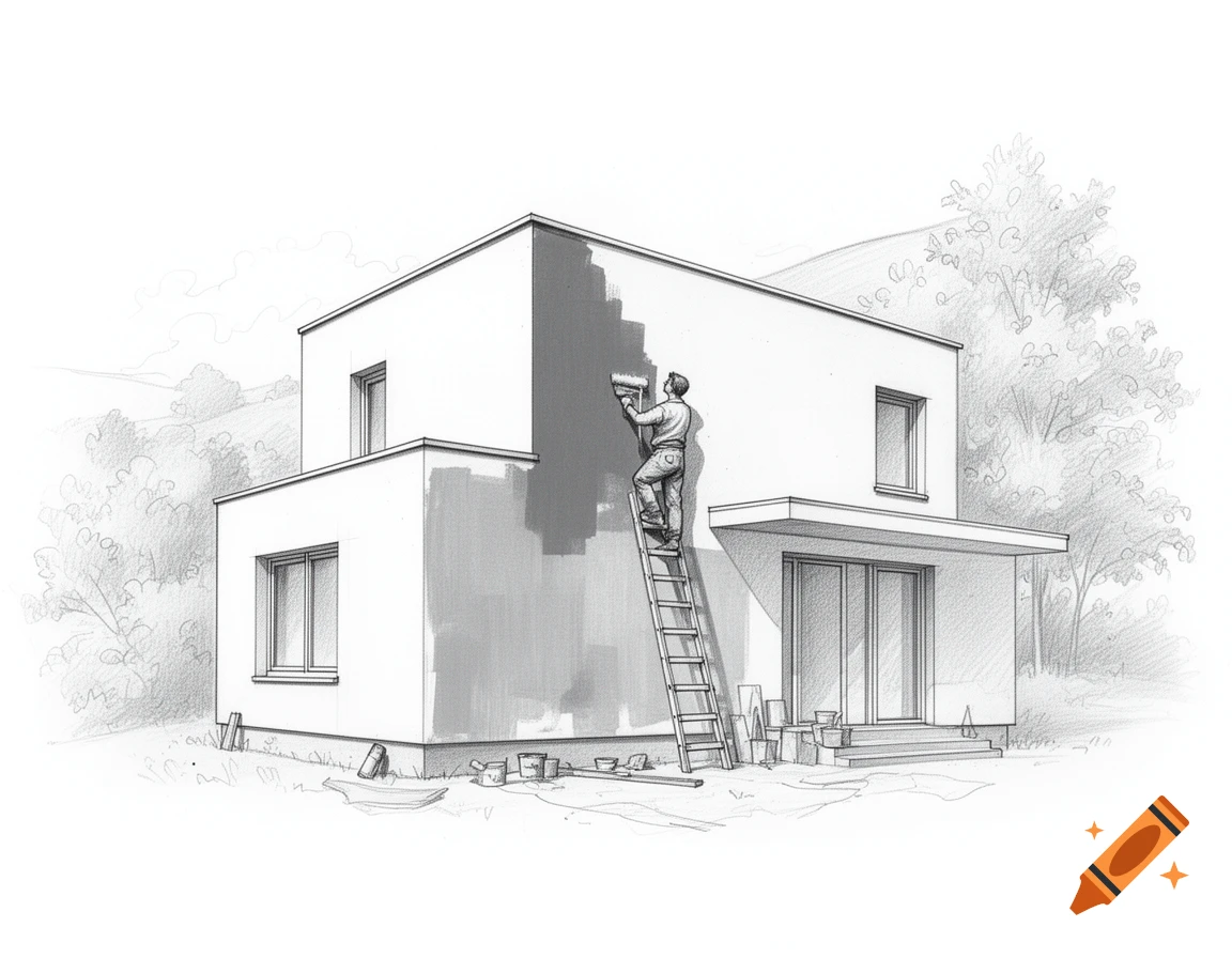Black and white pencil sketch of a modern house, with a person on a ladder painting a wall, surrounded by trees.