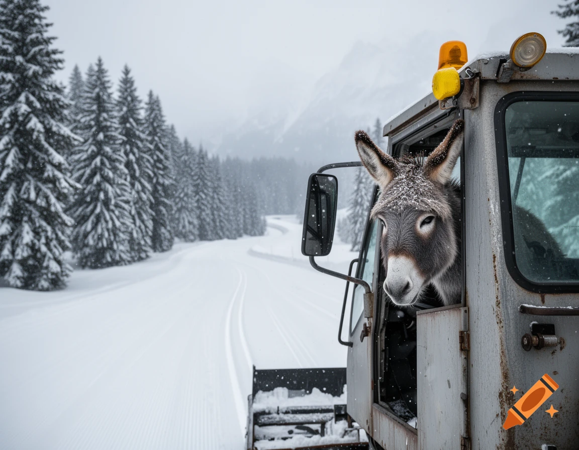 A photorealistic image of a donkey peeking out of a snow groomer's window on a snowy mountain road lined with pine trees.