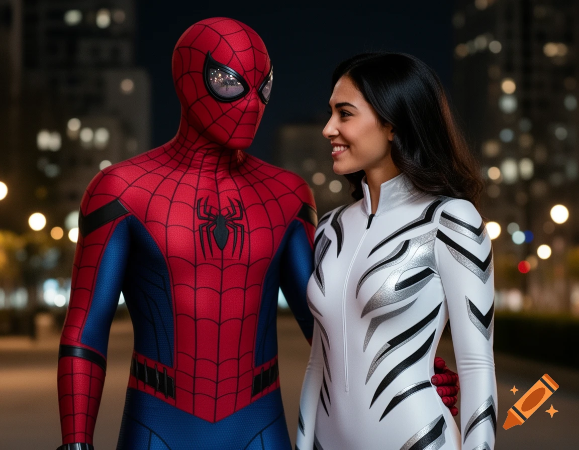 Photorealistic Spider-Man and White Tiger in a white and silver suit, smiling and looking at each other in a city at night.