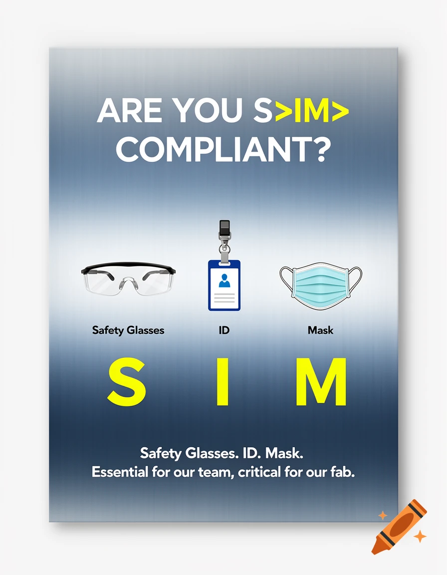 A blue and white workplace safety poster with icons for safety glasses, ID, and a mask, and text "ARE YOU S>IM> COMPLIANT?" and "Safety Glasses. ID. Mask. Essential for our team, critical for our fab."