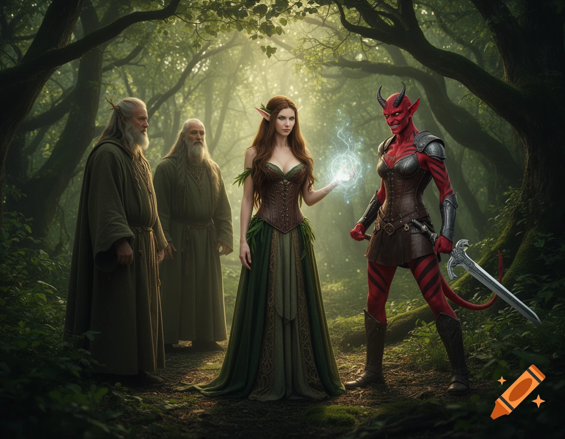 An elf woman conjures magic between two robed men and a red-skinned demon woman holding a sword in an enchanted forest.