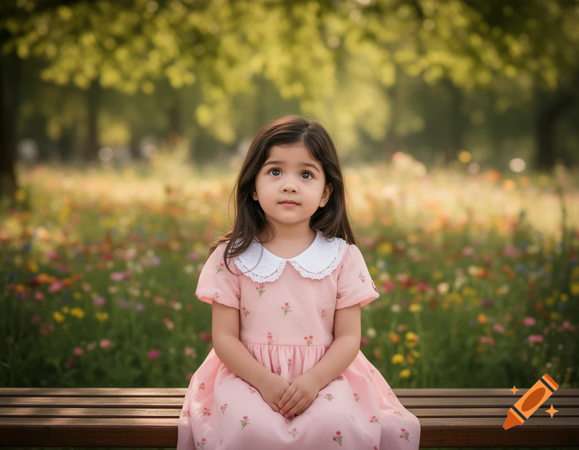 A young girl with dark hair wearing a pink dress with a white collar sits on a wooden bench in a sunny field of colorful flowers.