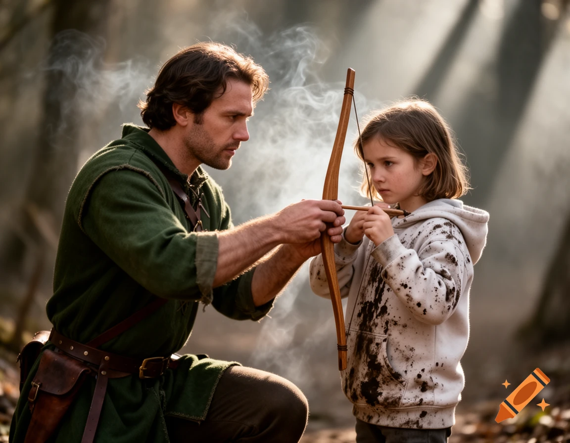A man in medieval attire kneels, teaching a child in a dirty hoodie how to shoot a bow and arrow in a smoky forest.