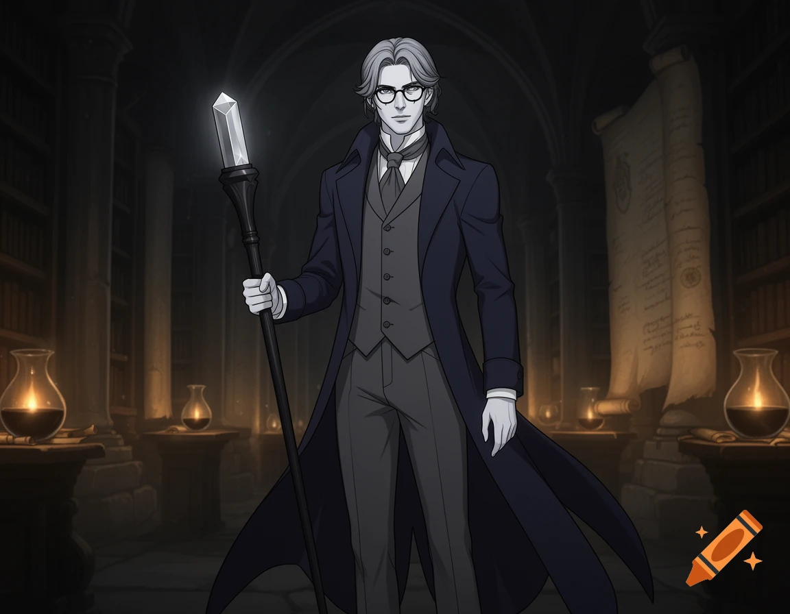 An elegant man with glasses and grey hair, wearing a dark coat and suit, holds a staff in a gothic library setting, anime style.