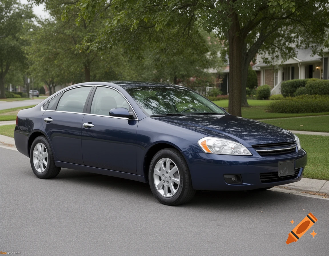 A dark blue sedan parked on a residential street with trees and houses in the background.