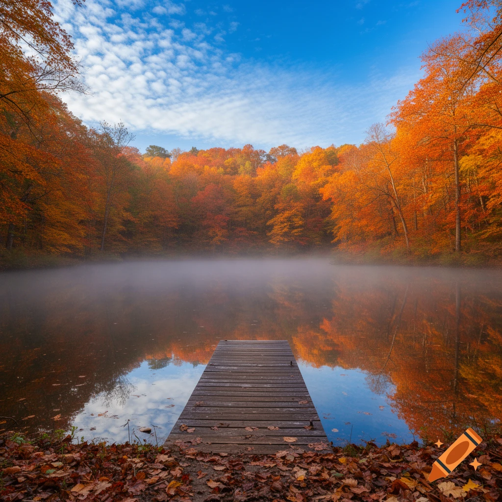 A wooden dock extends into a misty lake surrounded by a vibrant autumn forest with bright orange and red trees under a blue sky.