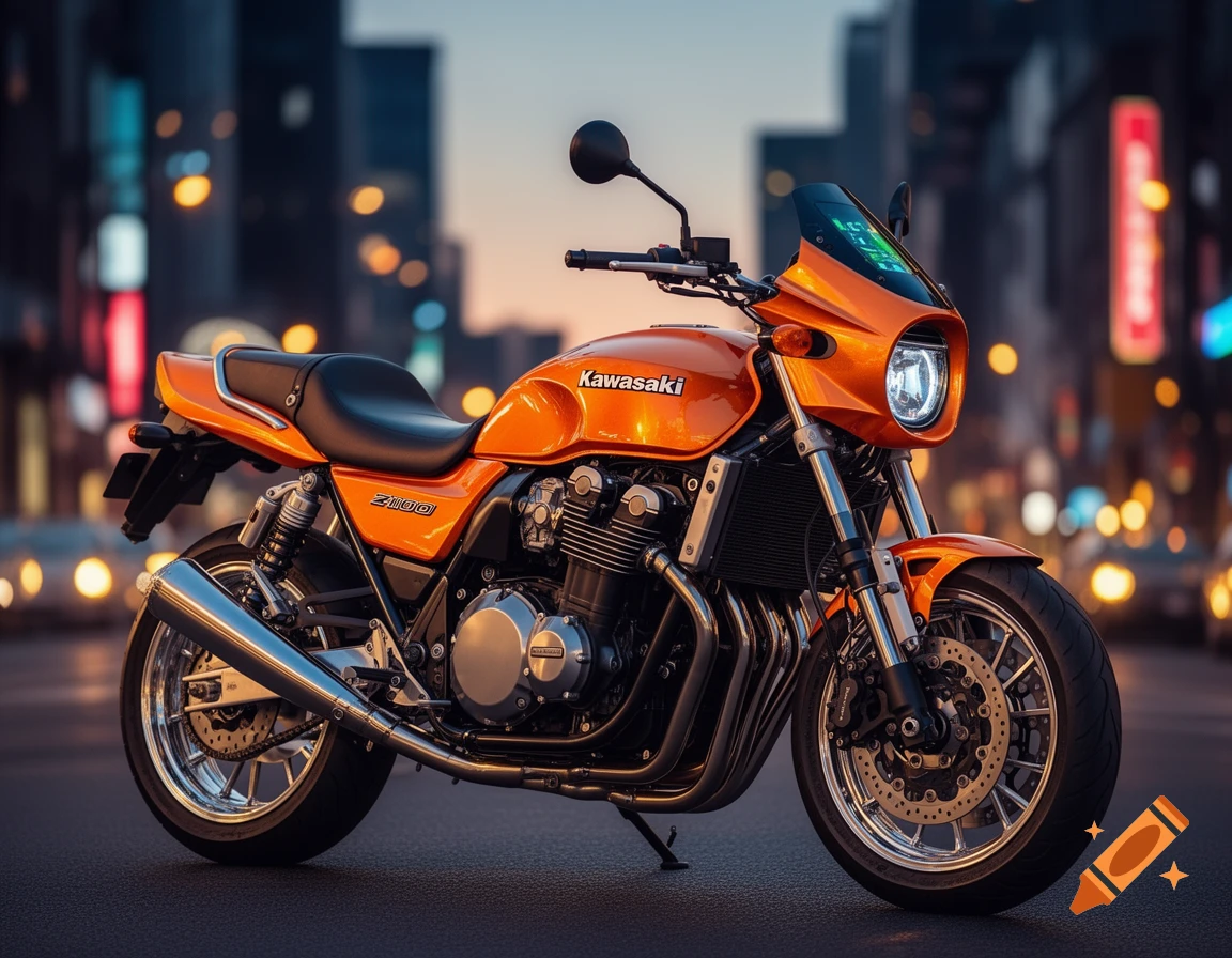 An orange Kawasaki Z1100 motorcycle is parked on a wet city street at dusk, with blurred city lights in the background. Photorealistic.