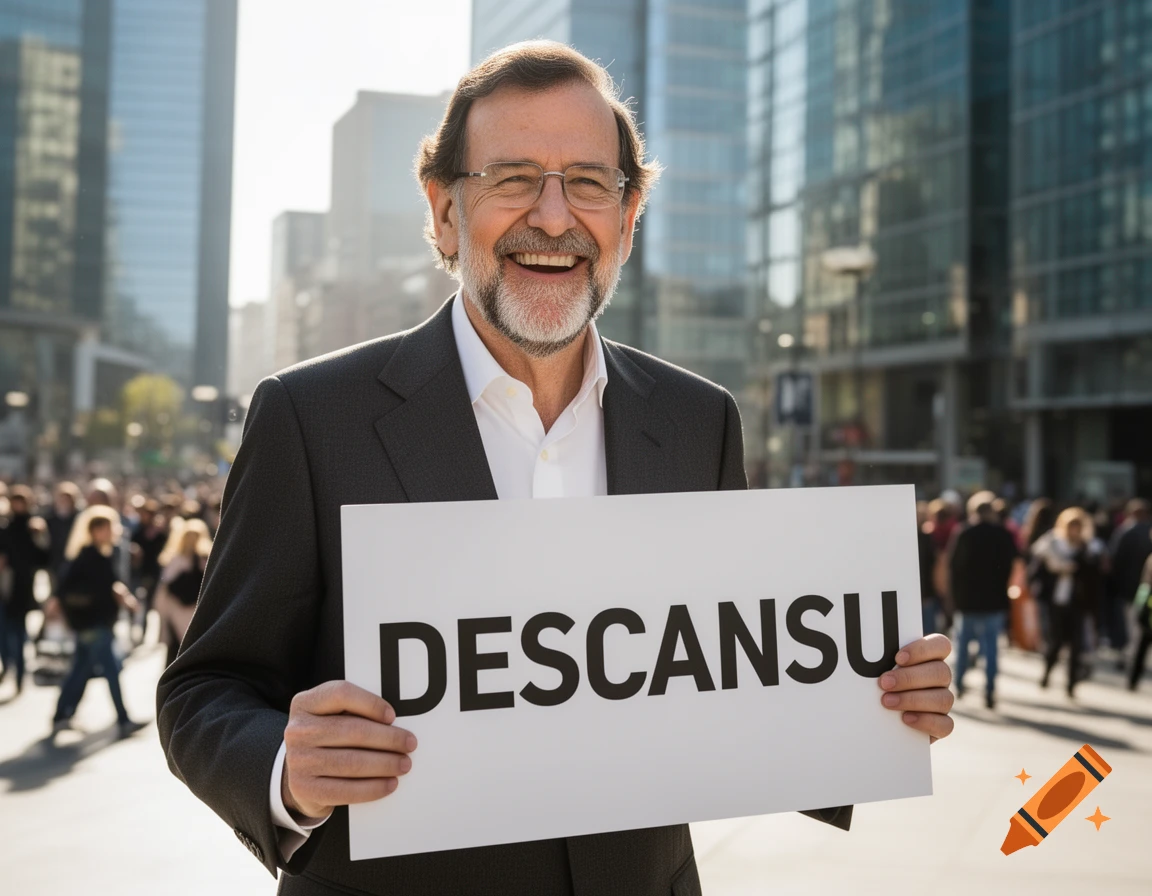 A smiling older man with a beard and glasses holds a white sign that says 'DESCANSU' in a bustling city street.