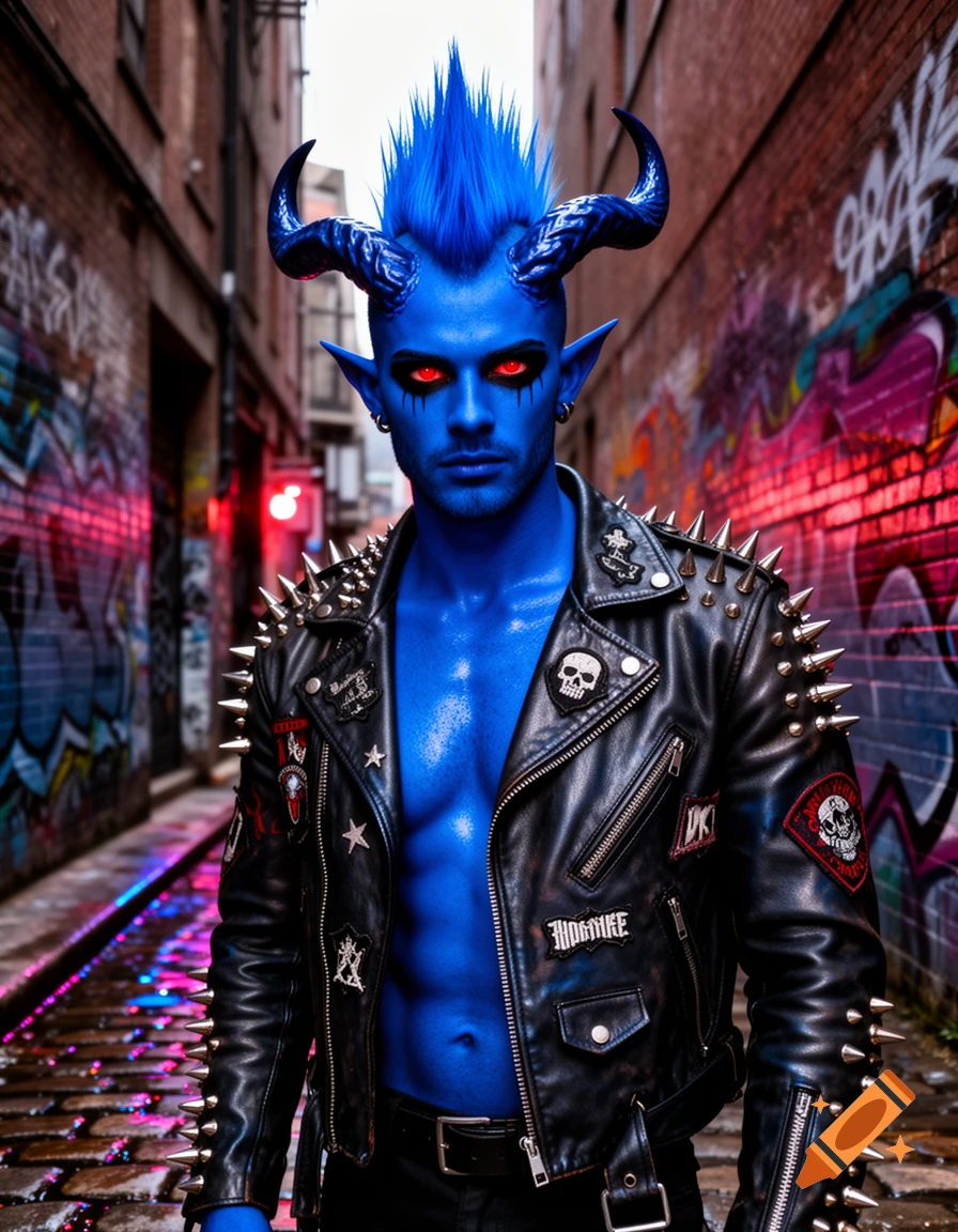 A blue-skinned male tiefling with red eyes, blue horns, and a blue mohawk wears a spiked leather jacket in a graffiti-covered alley.