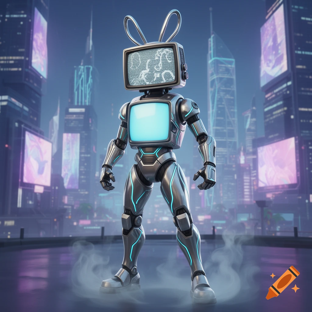 A metallic robot with a TV for a head and a glowing chest stands amidst a futuristic cyberpunk city.