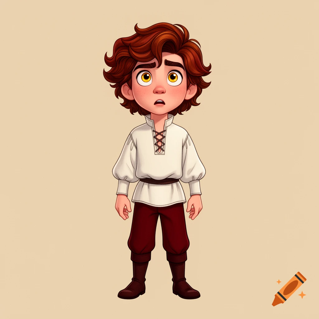 A full-body cartoon of a teenage boy with messy reddish-brown hair, golden-yellow eyes, wearing a white renaissance peasant shirt and dark red trousers, on a beige background.