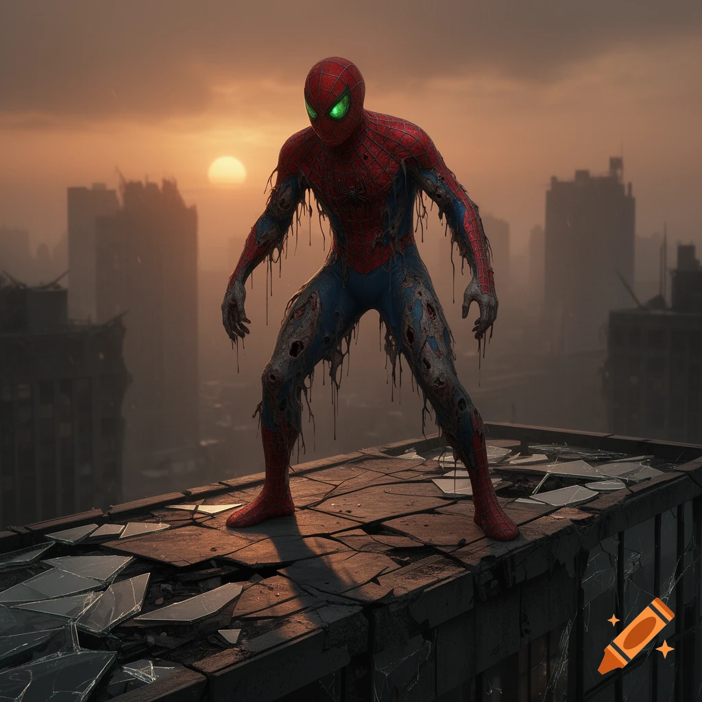 Gritty photorealistic image of a zombie Spiderman with a decaying suit and glowing green eyes, standing on a broken rooftop in a destroyed city at sunset.