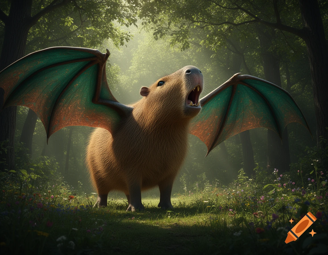 A giant capybara with large green dragon wings roars loudly in a mystical, sunlit forest.