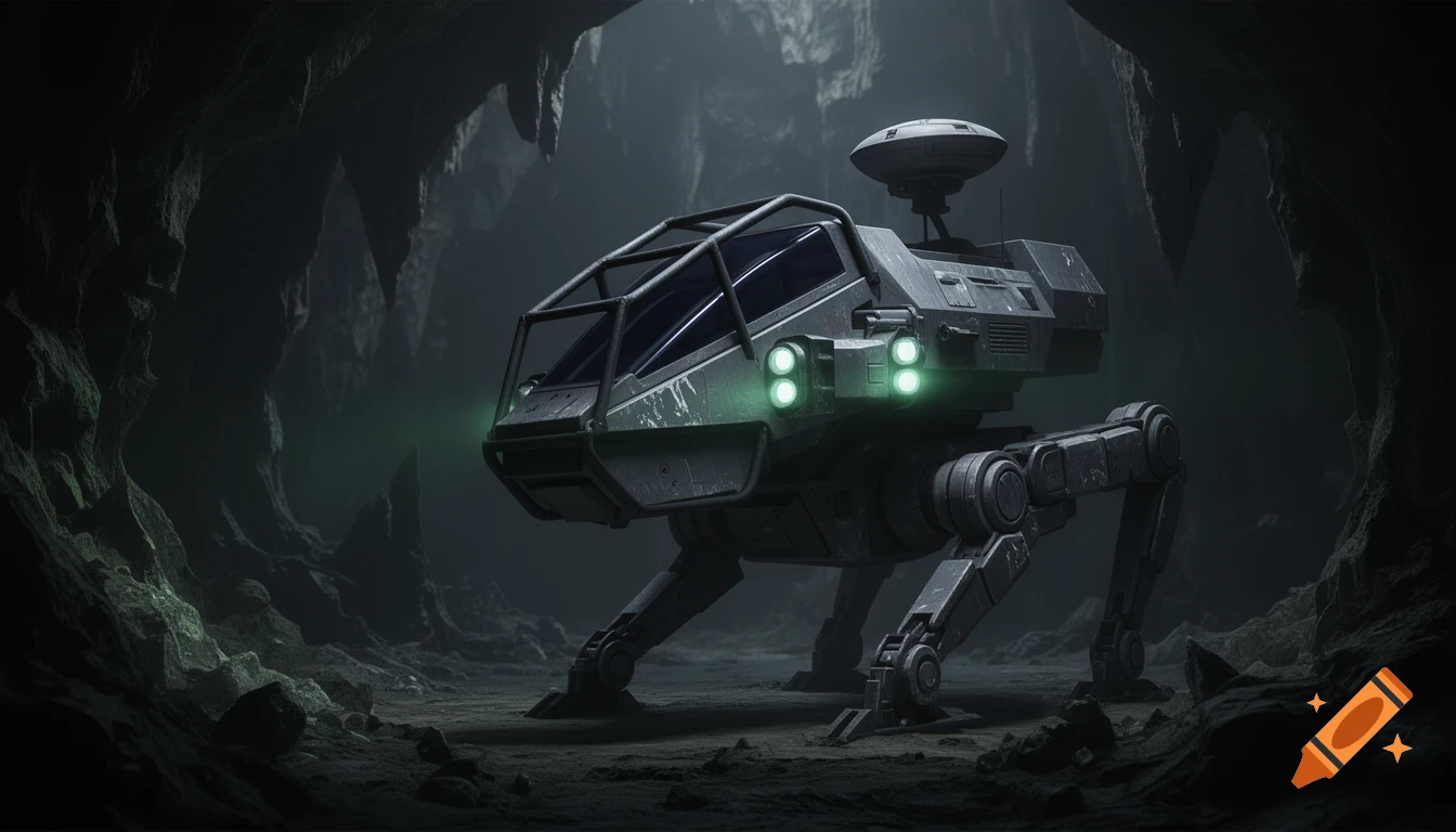 A futuristic four-legged military walker with glowing green lights stands in a dark, rocky subterranean cavern.