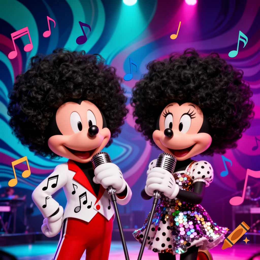 Mickey Mouse and Minnie Mouse with black afro hair, singing into microphones on a vibrant stage with musical notes.