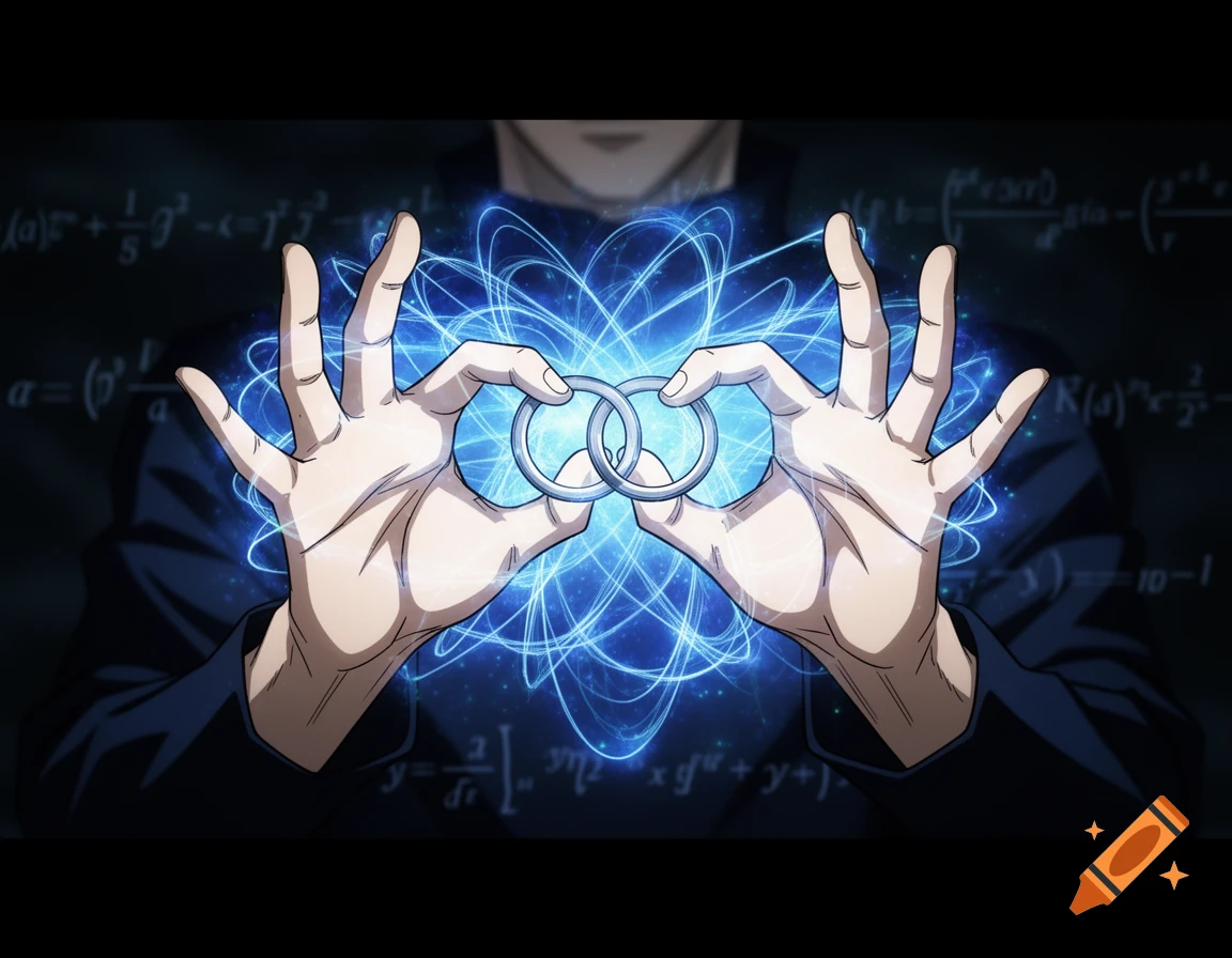 Anime style character performing a hand mudra with interlocking rings of glowing blue energy, against a dark background with blurry mathematical equations.