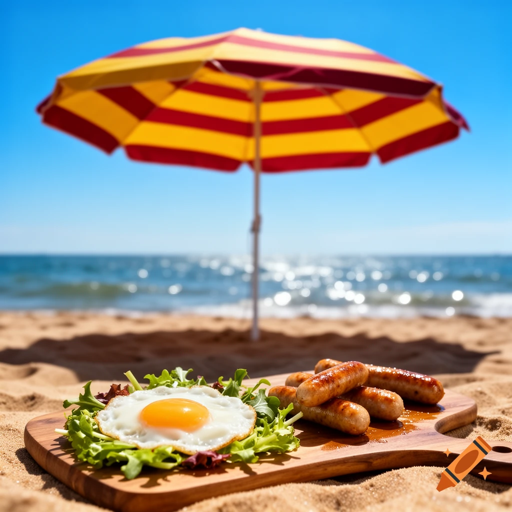 A fried egg and sausages on a cutting board on a sandy beach under a red and yellow striped umbrella, with the ocean in the background.