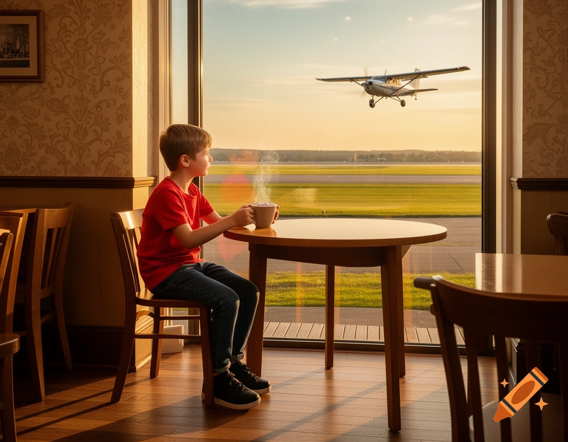 Photorealistic image of a boy in a red shirt sitting in an airport cafe, holding a steaming cup, watching a small plane land outside the window.