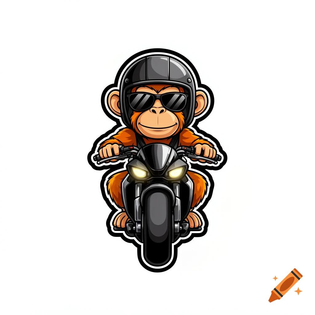 An animated cartoon monkey wearing a helmet and sunglasses, riding a black motorcycle.