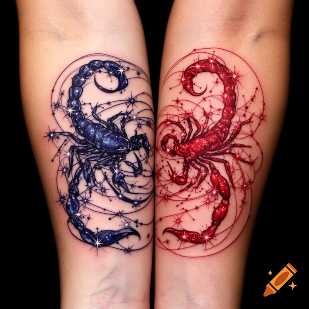 Two forearms side-by-side with matching tattoos; one arm has a blue, starry scorpion design, and the other has a red, starry scorpion design, both encircled by abstract lines and stars.