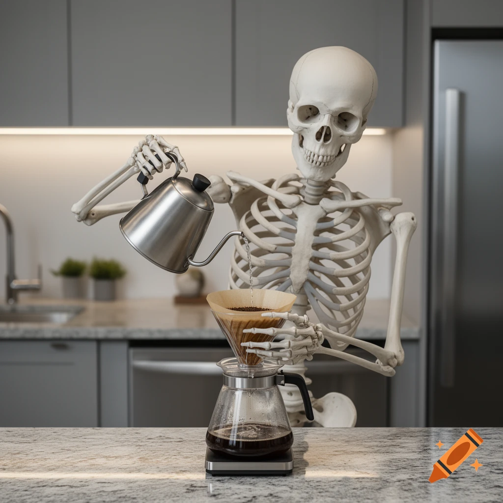 A photorealistic skeleton in a modern kitchen pours water from a gooseneck kettle into a pour-over coffee filter on a marble counter.