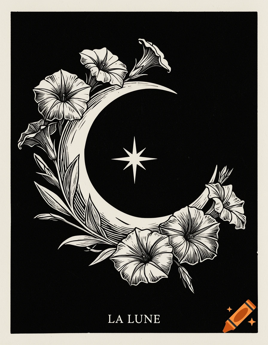 Black and white linocut illustration of a crescent moon with flowers and a star, text 'LA LUNE'.