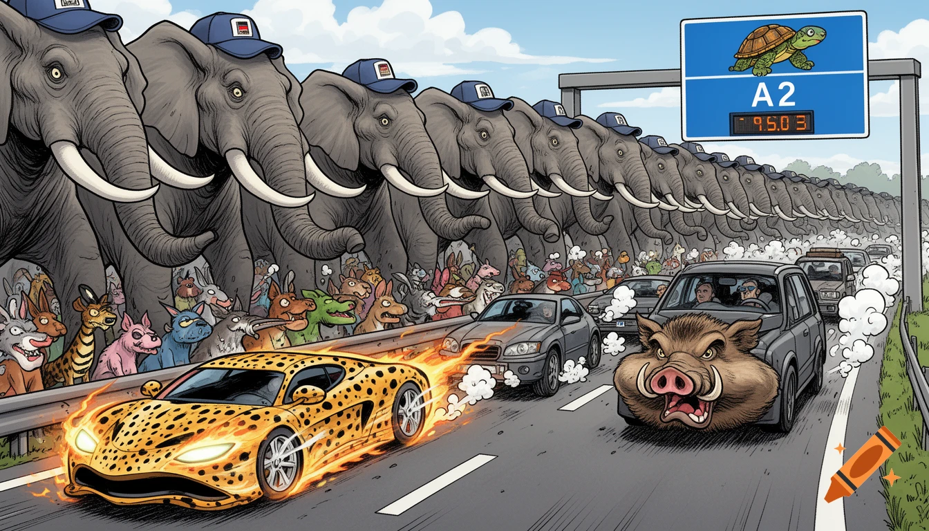 A chaotic, cartoon-style traffic jam on a highway, with elephants in trucker caps, a cheetah sports car, a wild boar SUV, and other animals in vehicles.