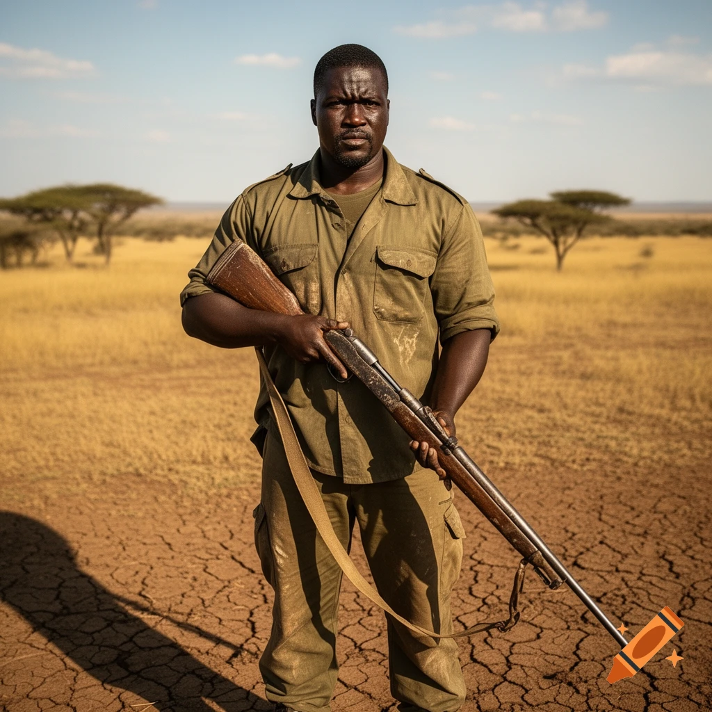 A photorealistic portrait of a man in green fatigues holding a rifle, standing in a dry, cracked savanna landscape under a bright sky.