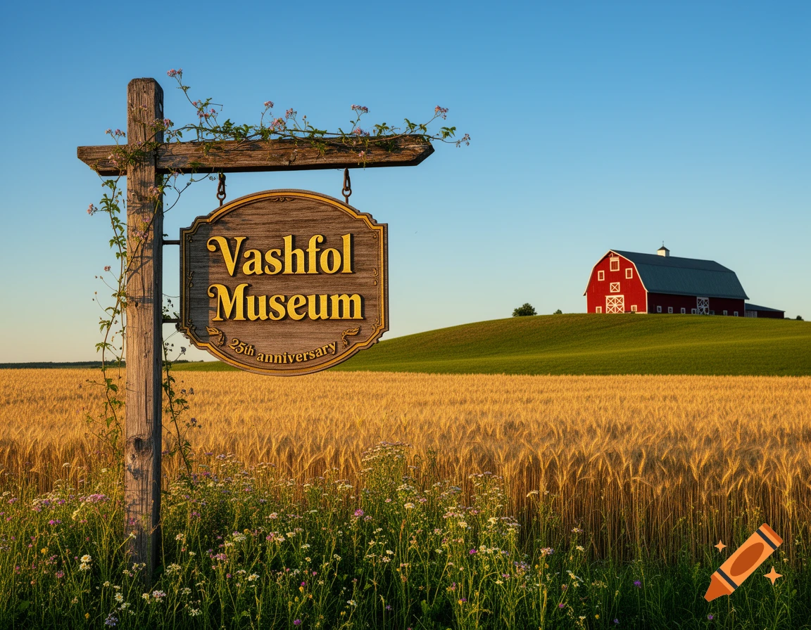 Rustic wooden Vashfol Museum sign in a wheat field, with a red barn on a distant green hill under a clear sky.