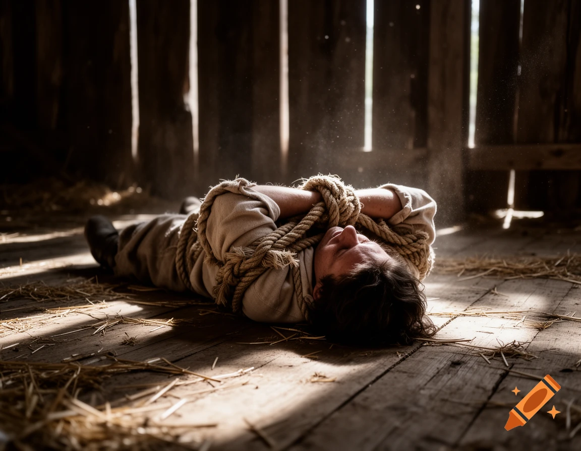 Photorealistic image of a person hogtied with ropes, lying on a wooden floor in a dimly lit rustic building.