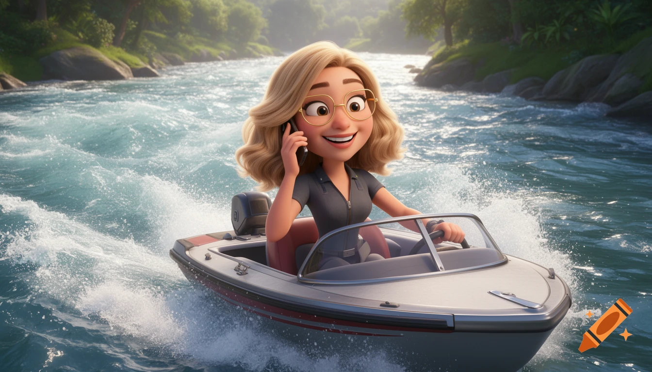 A vibrant 3D cartoon of a smiling blonde woman in glasses driving a motorized boat on a rushing river, talking on a cell phone.