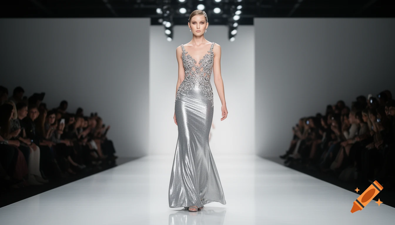 A female model in a shimmering silver gown walks a bright runway during a fashion show.