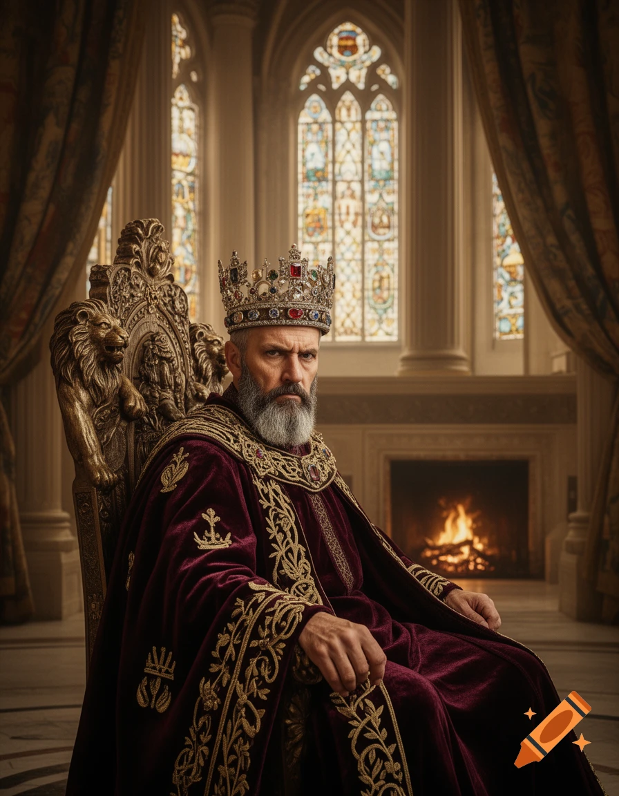A regal, stern king with a grey beard, wearing a jeweled crown and a red and gold robe, sits on an ornate throne in a grand hall.
