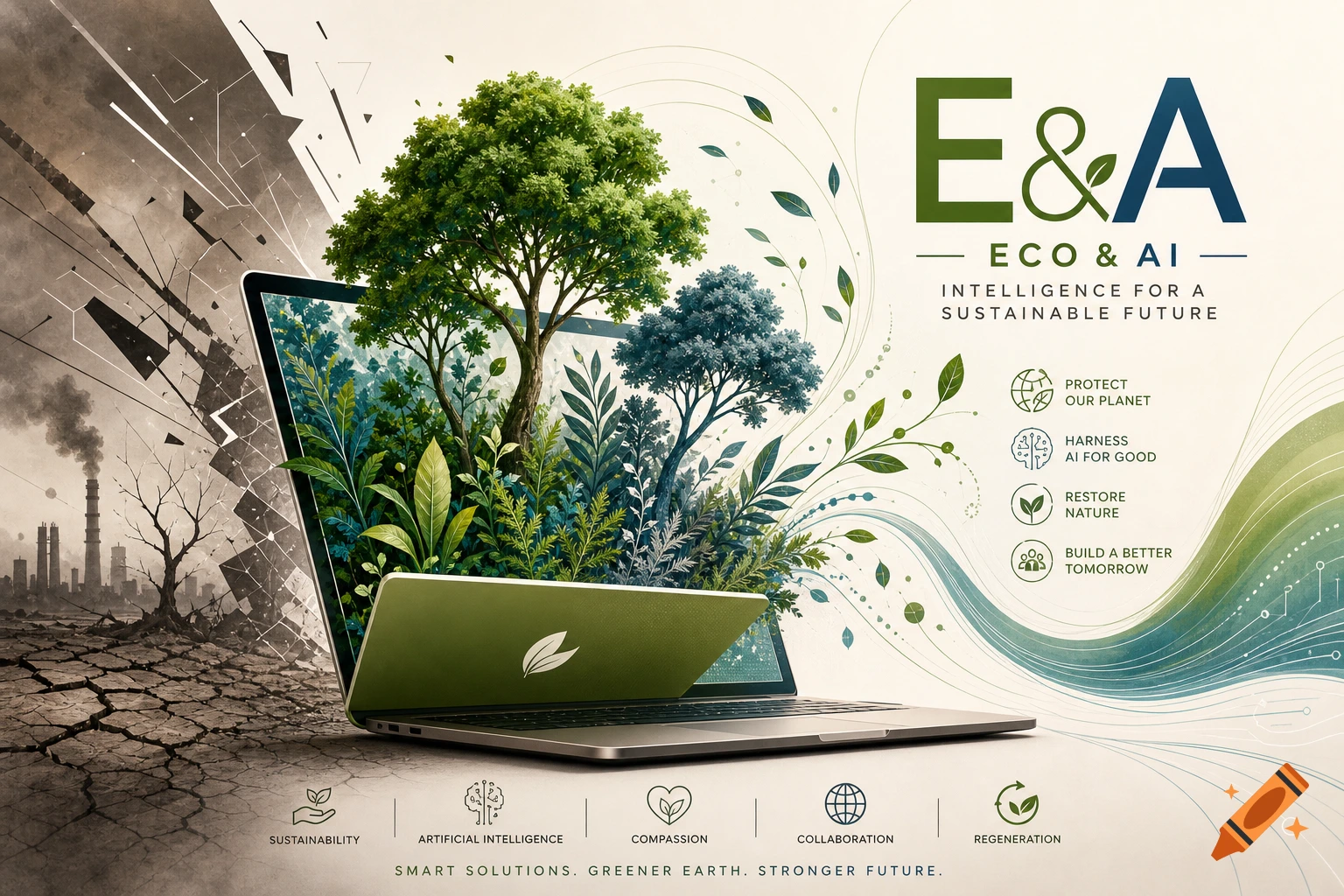 A laptop screen shows lush plants and trees on one side, a polluted cityscape on the other, with "E&A ECO & AI" text.