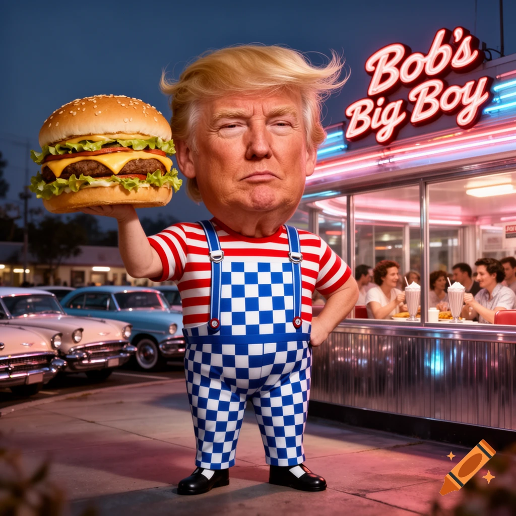 A caricature of Donald Trump dressed as the Bob's Big Boy mascot, holding a giant hamburger outside a retro diner.