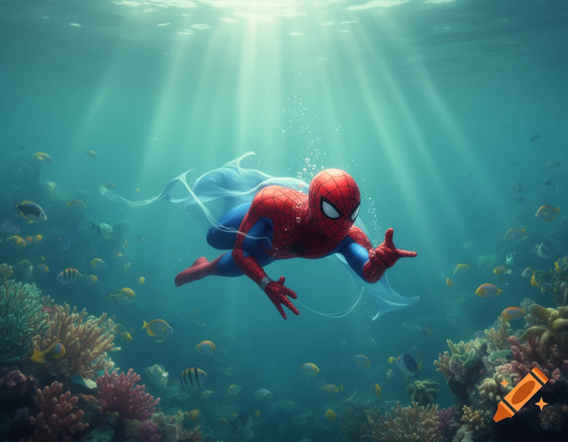Spider-Man scuba diving in a vibrant coral reef, surrounded by colorful fish and sun rays piercing the turquoise water.