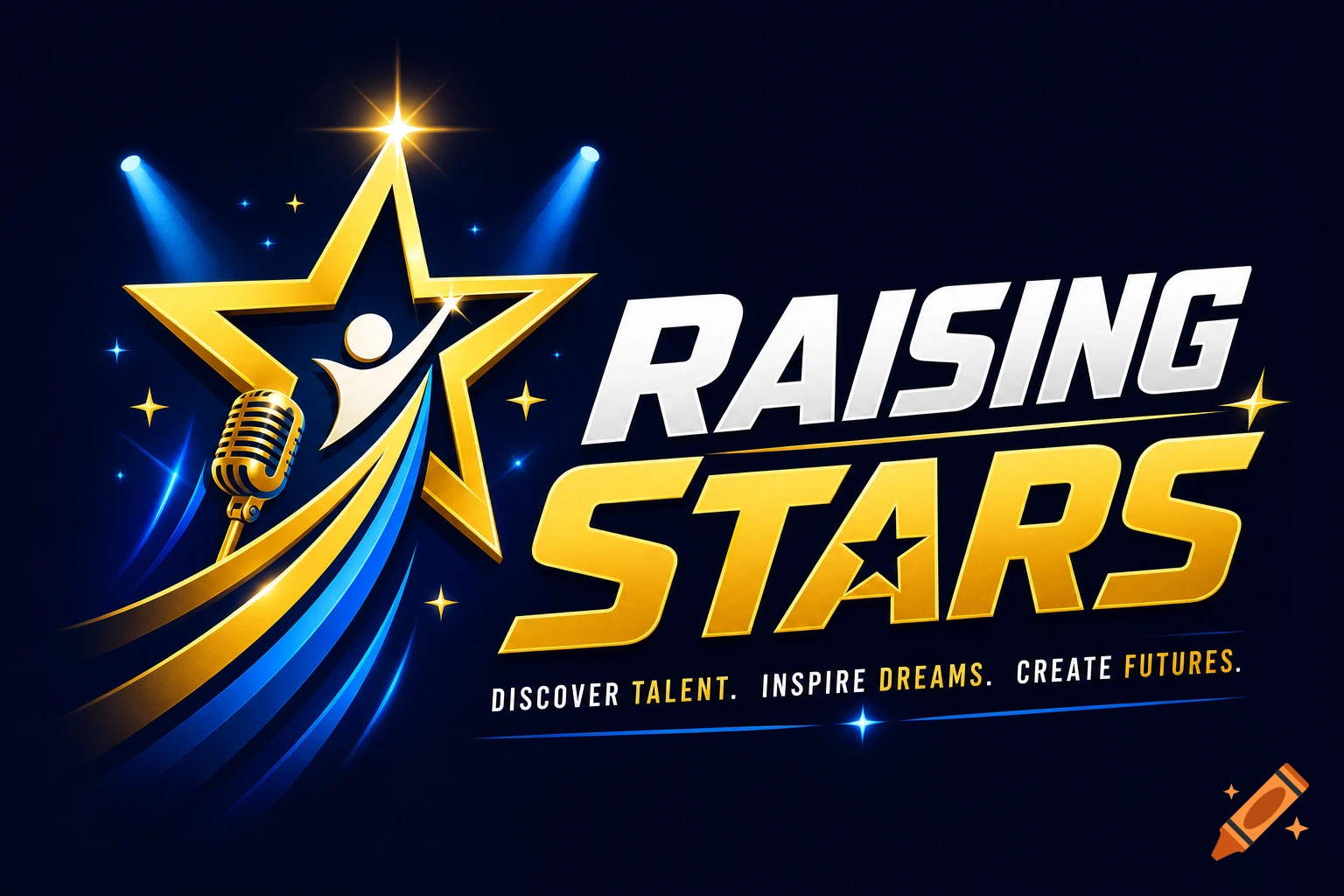 A glossy logo for "RAISING STARS" featuring a large gold star, a white silhouette of a person reaching up, a vintage microphone, and flowing blue and gold ribbons. The text "DISCOVER TALENT. INSPIRE DREAMS. CREATE FUTURES." is below. All set against a dark blue background with spotlights.