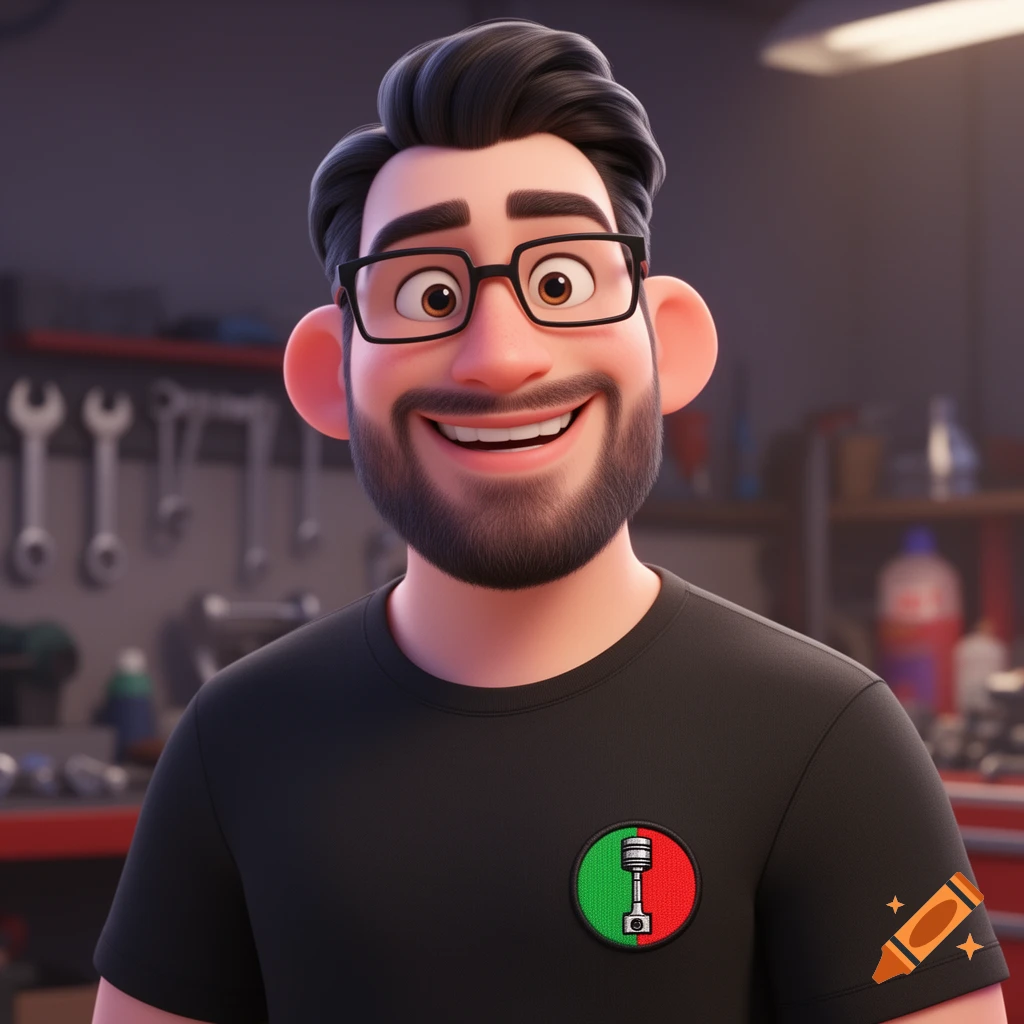 A smiling 3D Pixar style cartoon mechanic man with a beard and glasses, wearing a black t-shirt with a green and red piston logo, in a garage.